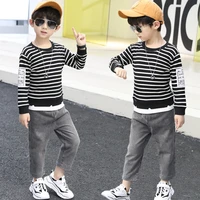 hot sale boy striped top two piece childrens hip hop popular clothes boy long sleeve top jeans suit wholesale