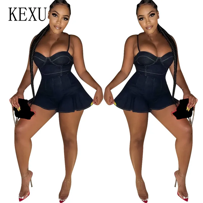 

KEXU Spaghetti Strap Cowboy Playsuits Ruffle Hollow Out Package Hip Off Shoulder Sleeveless Nightclub Streetwear Slim Overalls