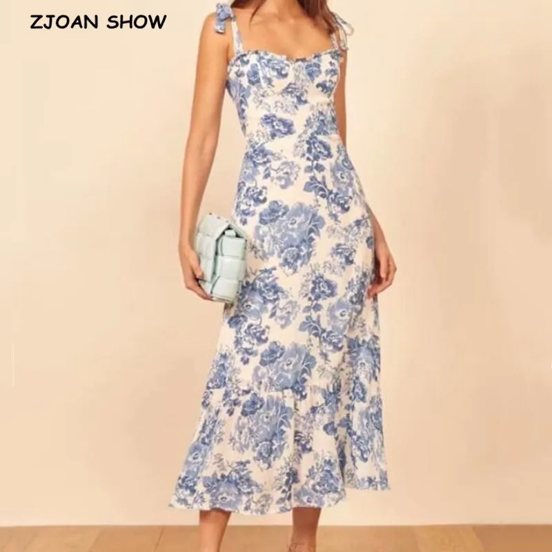 

Vintage French Style Blue White Floral Women Dress Tie Bow Strap Sleeveless Dress Sexy Beach Women Party Dress Vintage Female