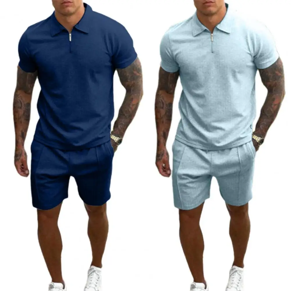 

Sweat Absorbing Stylish Turn-down Collar T-shirt Shorts Men Loose Tracksuit Shrink Resistant Tracksuit Buttons Activewear