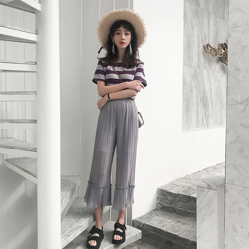 

Chiffon Wide Leg High Waist Cropped Pant For Women Casual Pleated Summer Vintage Boho Female Black Capris Trousers