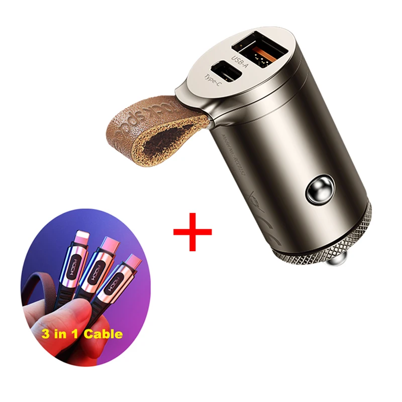 ROCK QC4.0 автомобильное зарядное устройство 30 Вт USB-C PD QC3.0 30 Вт 5A быстрое зарядное устройство с ремнем два порта usb мини автомобильный телефон зарядное устройство FCP AFC - Тип штекера: Tarnish Add Cable