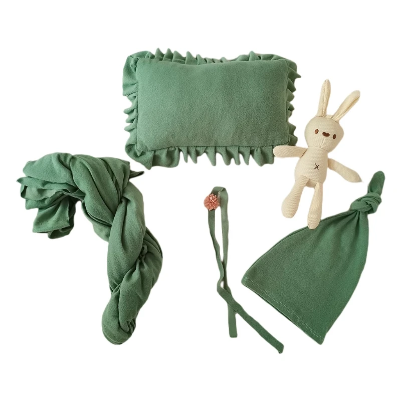 

5Pcs Baby Receiving Blanket Beanie Pillow Doll Headwear Set Infants Swaddling Wrap Turban Hat Headband
