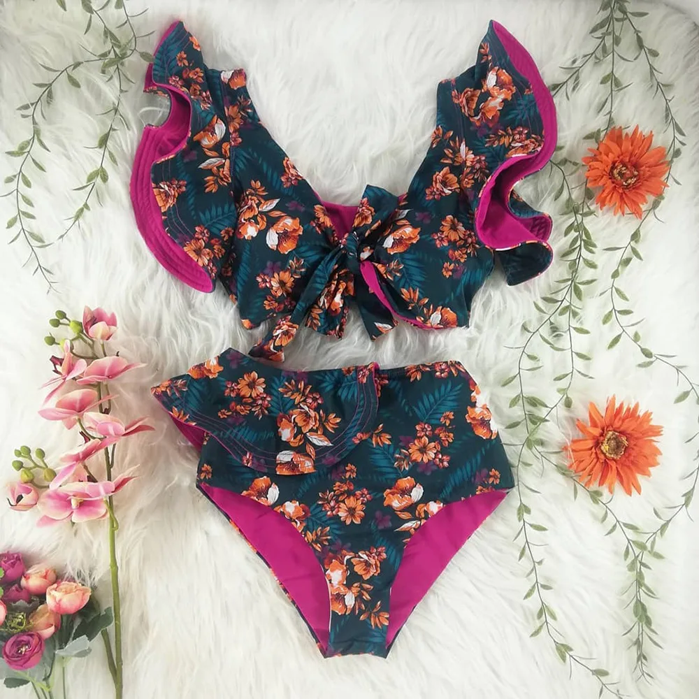 

Two-Pieces Women Floral Push-Up Padded Bra Ruffles Bandage Bikini Set Swimsuit Swimwear Bathing Suit Beachwear Biquini