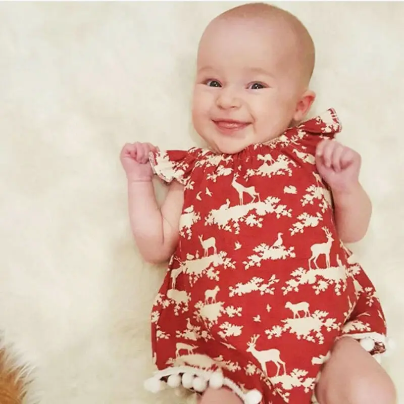 

Xmas Romper Newborn Baby Girls Romper Girls Christmas Jumpsuit Reindeer Snow Printed Sweet Baby Short Sleeve Newyear Red Clothes