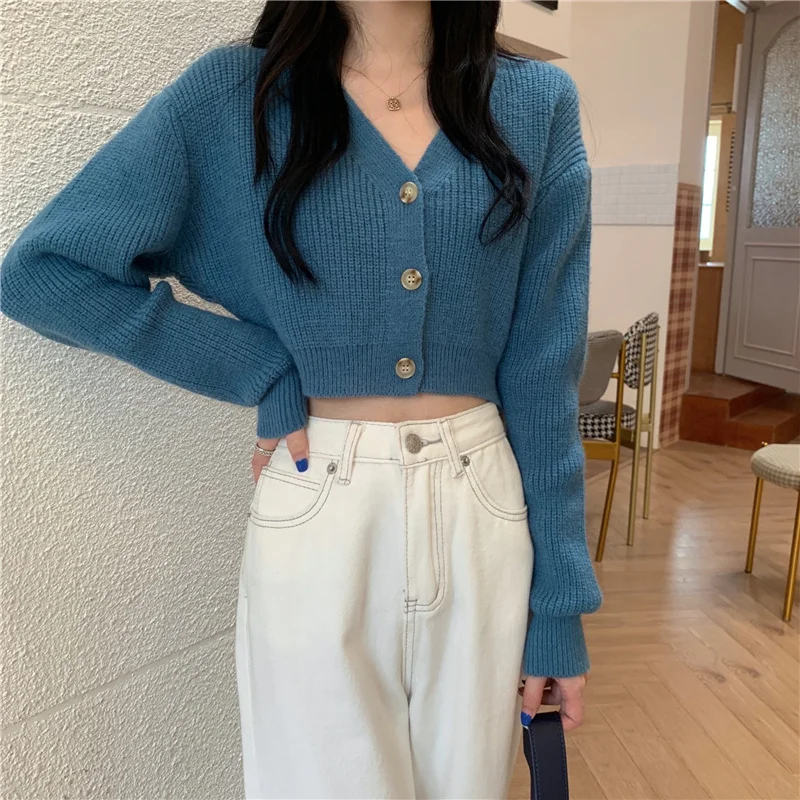 

Укороченный вязаный кардиган, свитер для женщин, новинка осень-зима 2021, шикарный топ с высокой талией для ранней осени, стиль без одежды