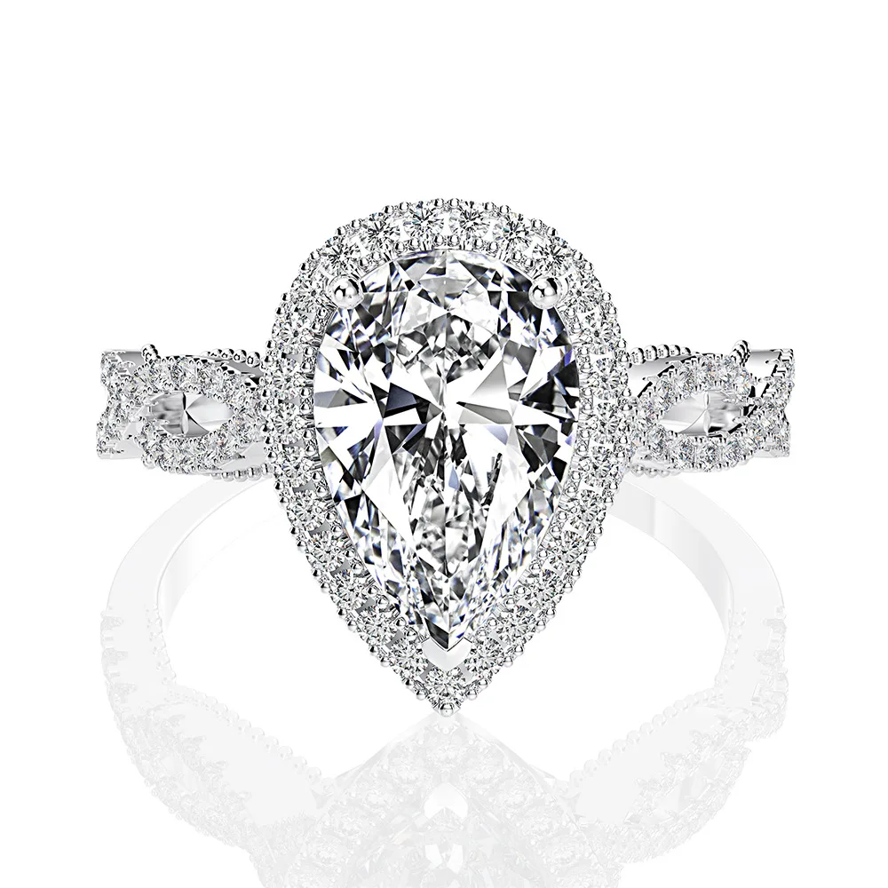 

100% Pure 925 Sterling Silver 7x11MM 3CT Pear Shape Simulated Moissanite Diamond Wedding Finger Ring for Women Fine Jewelry