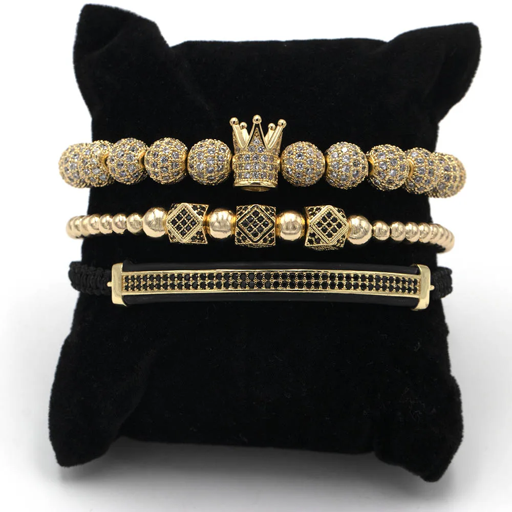 8MM CZ set gold Мода роскошный Римский Королевский браслет с шармом с короной для мужчин Золотой Плетеный Регулируемый мужской браслет для хип хоп ювелирный подарок - Metal Color: 8MM CZ set gold