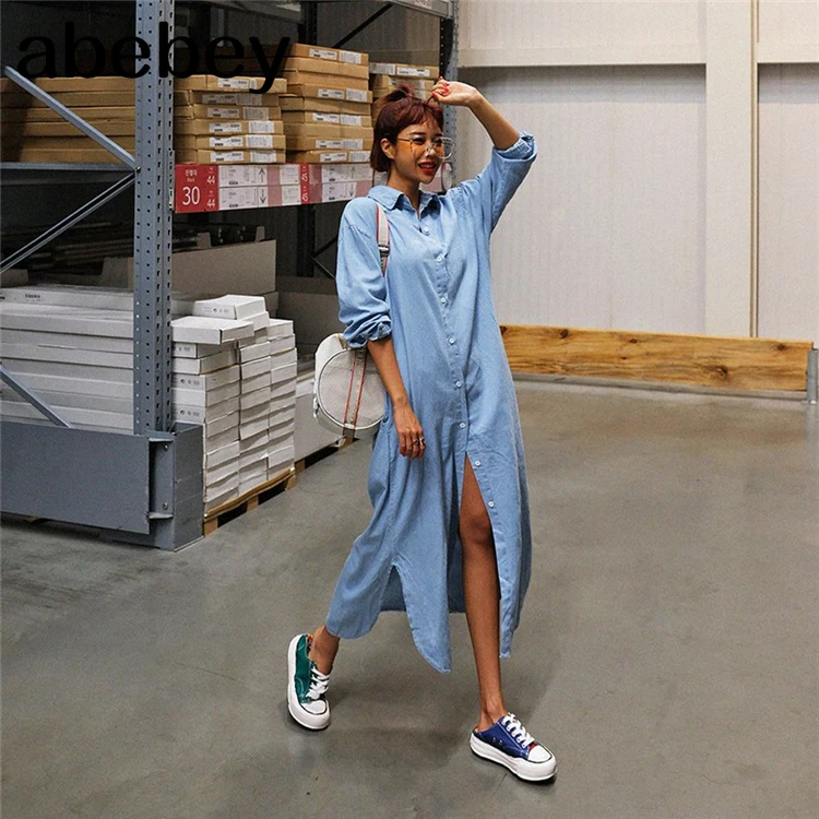 

Женское джинсовое платье-рубашка, повседневное винтажное однобортное Свободное длинное платье с разрезом, модель DR6774 на лето, 2021