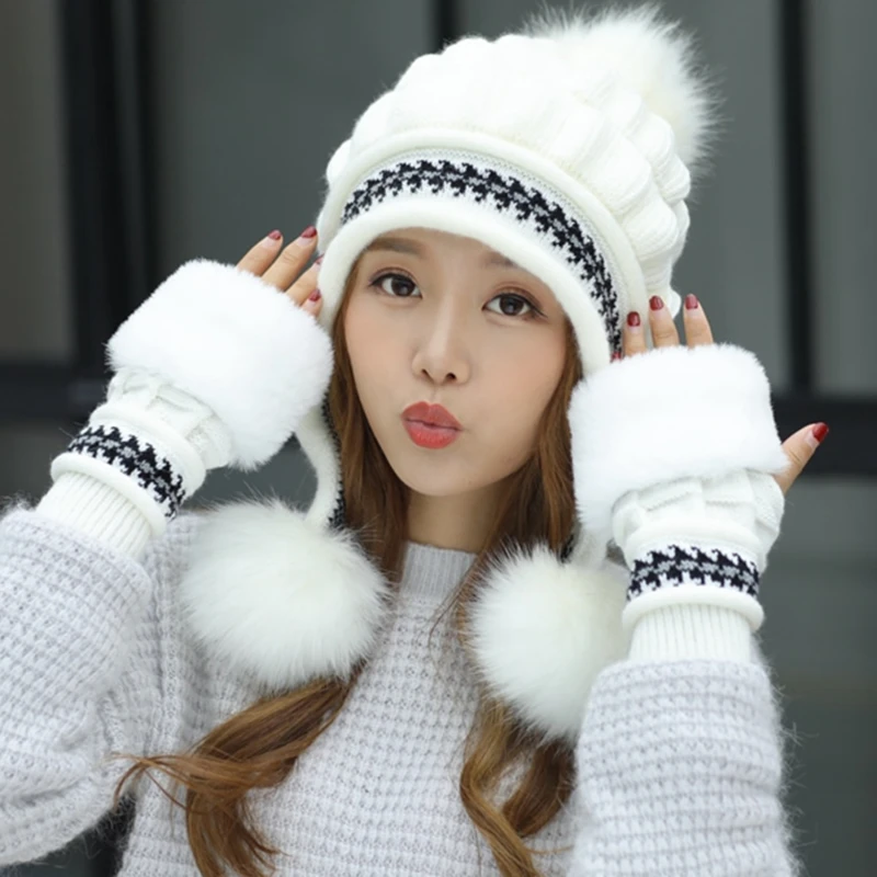 

Fashion Women's Winter Hat Female Add Fur Lining Knitted Hat With Gloves Set Pompoms Ball Beanie Cap Girls Thick Warm Beanie Hat