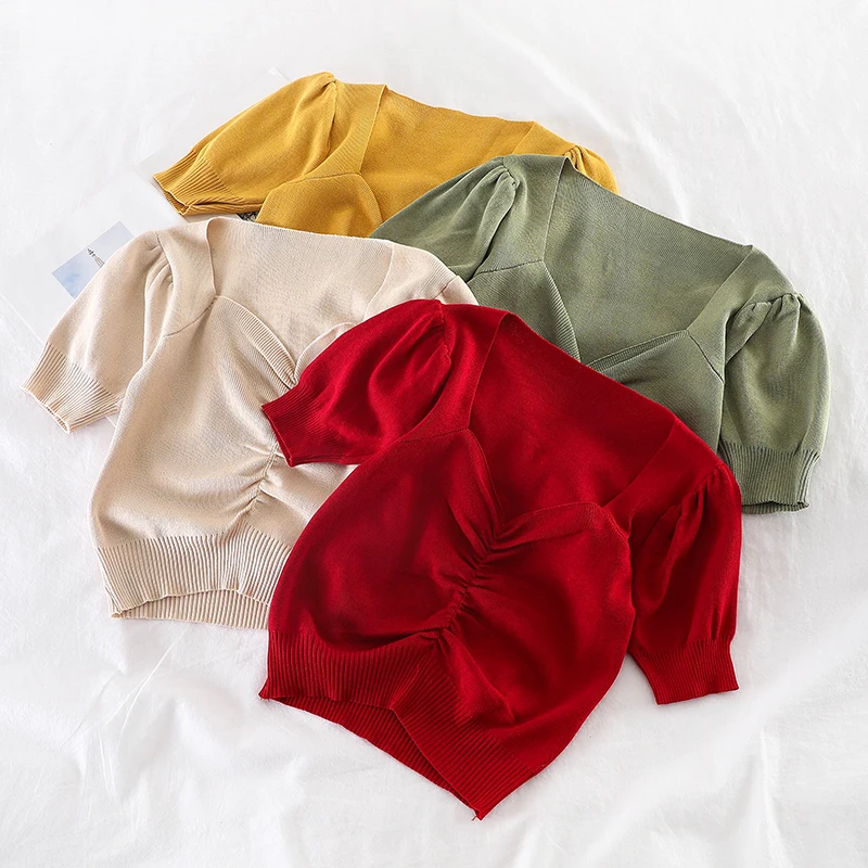 

OUMEA Knitting Tshirts Women Ruched Front Sweetheart Neckline Top Summer Short Puff Sleeve Korean Style Solid Color Chic Tees