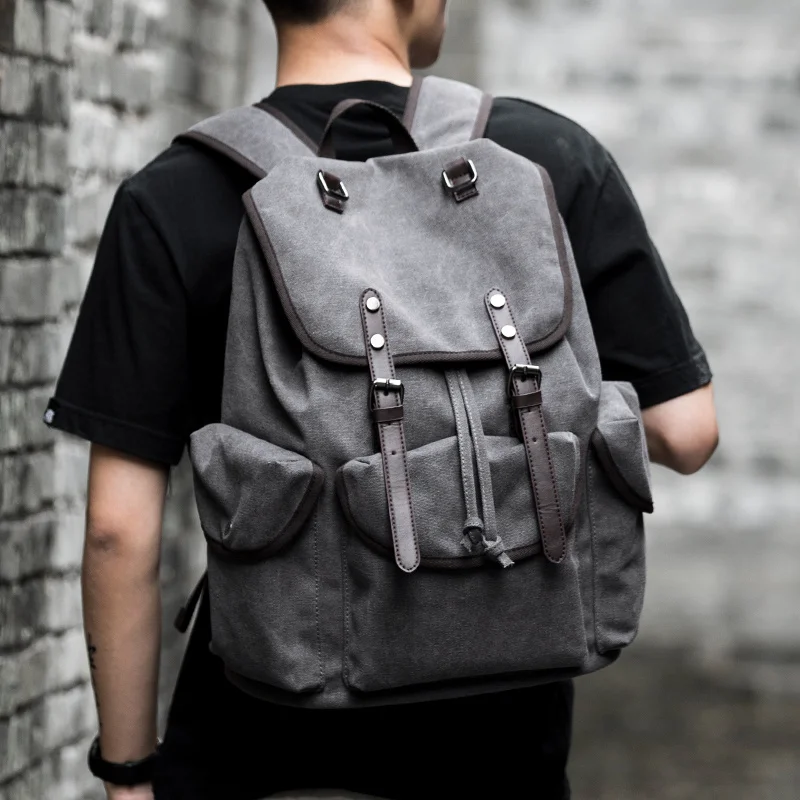 

Backpack Men's Backpack Canvas Retro Leisure Travel Bag Large Capacity Simple Fashion Student Schoolbag Laptop Bag