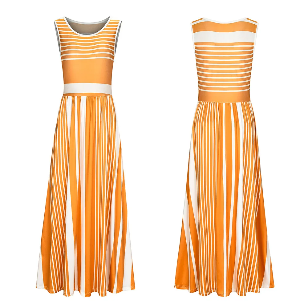 

Fashion Womens Spaghetti Strap Summer Maxi Long Dress Casual Party Dresses O Neck Sleeveless Stripe Dress