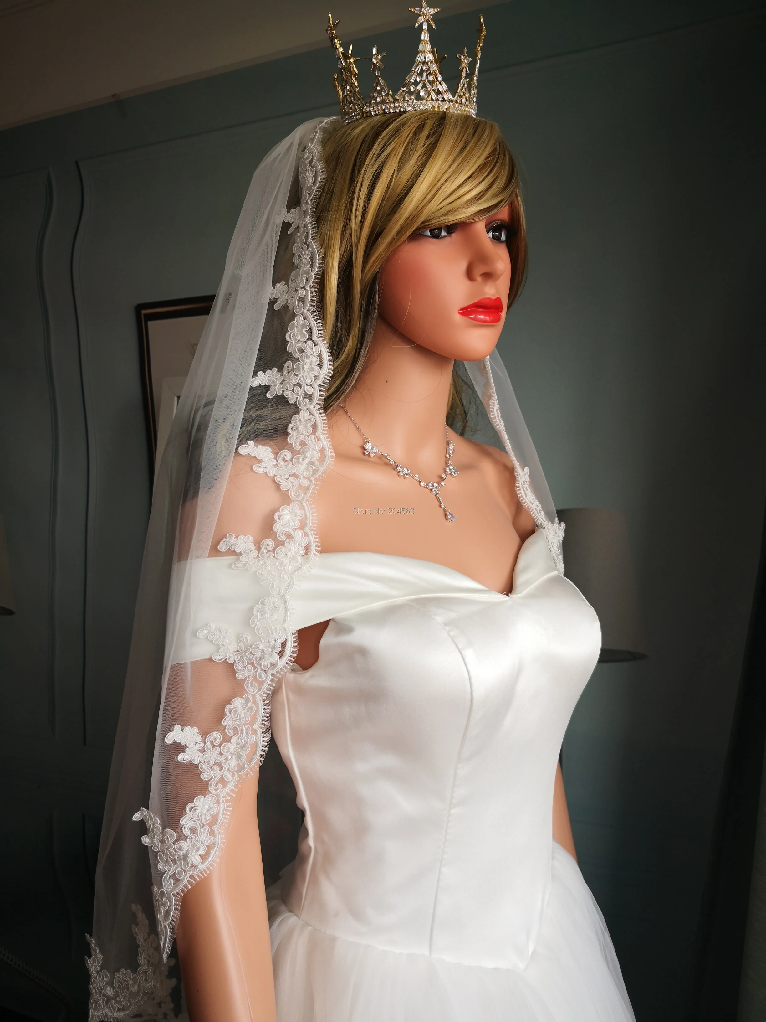 Однослойная белая или слоновая кружевная свадебная фата Тюлевая Фата для