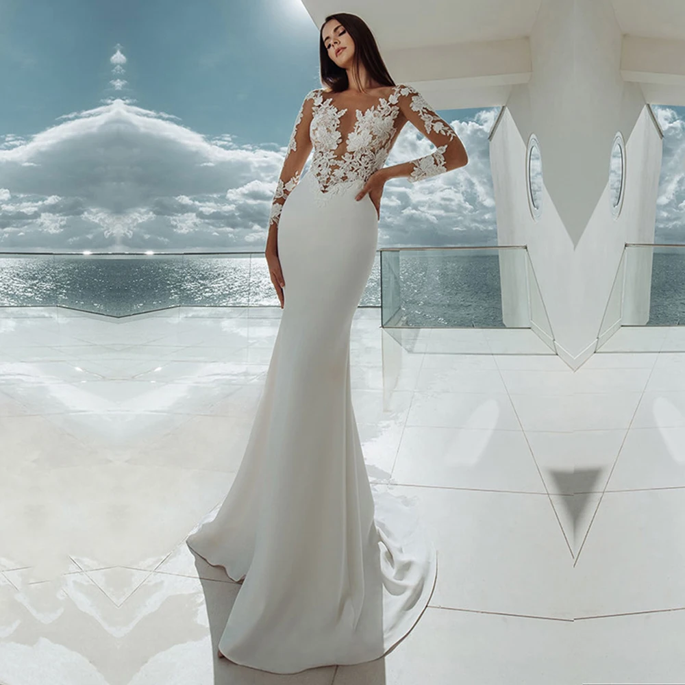 

Simple Long Sleeves Mermaid Wedding Dress Lace Appliques Buttons Back Sweep Train 2021 Bride Gowns Vestido De Noiva