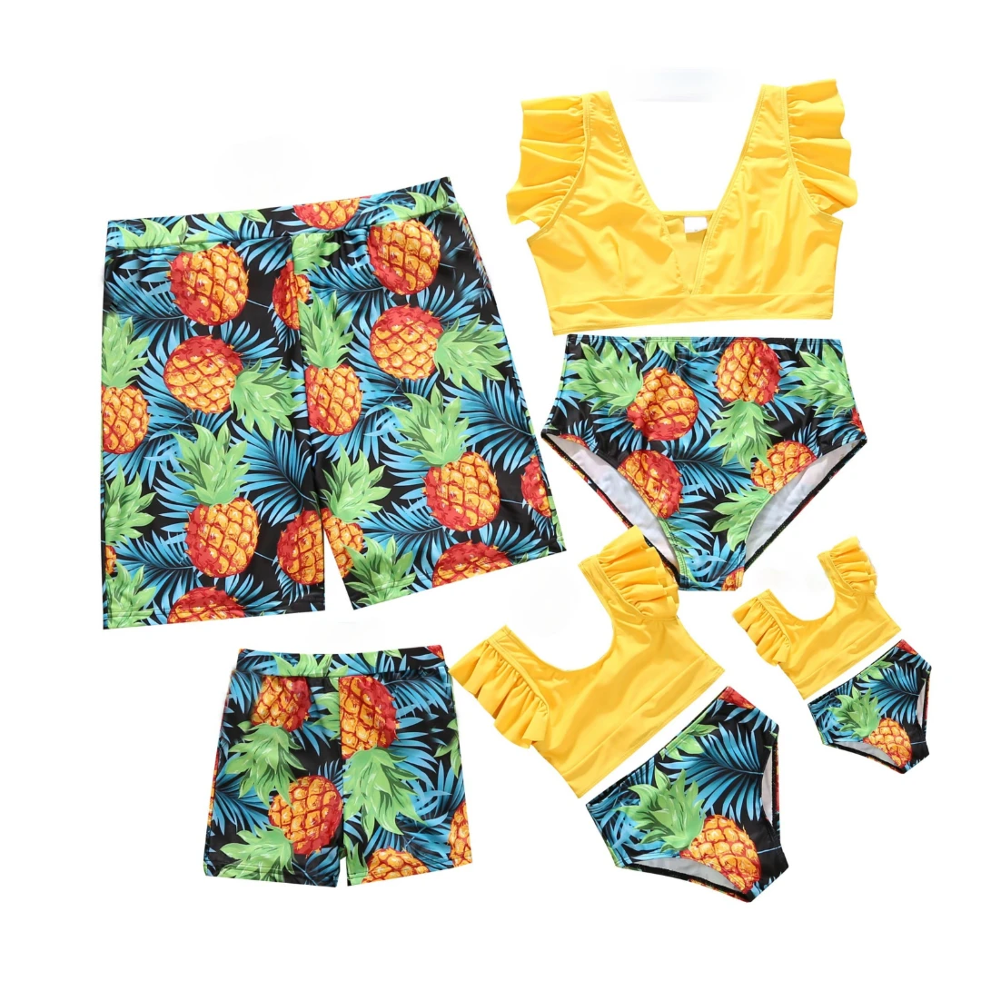 

2021 Pineapple Printed Family Matching Swimwear Mother and Daughter Bikini Set Father Son Beach Shorts Baby Girl Swimsuit