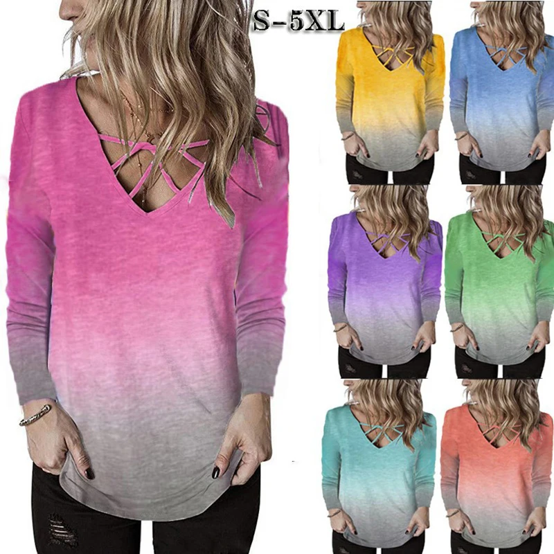 

Ladies V-neck Personality Cross Rainbow Gradient Printing T-shirt Fashion Loose Ladies T-shirt Long Sleeve