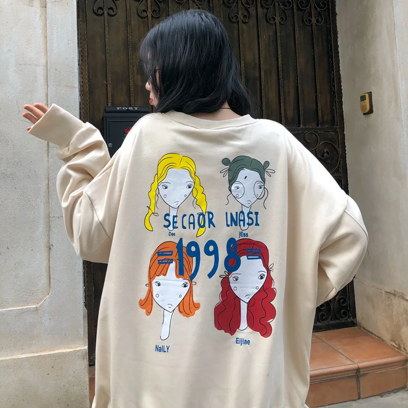 

QRWR 2020 Sweatshirt Women Spring Autumn Casual Japanese Cartoon Print Sweatshirt Korean Loose O Neck Kawaii Women Sweatshir