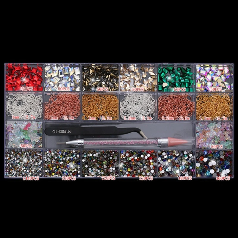 

21 Grids Glass Nail Art Decor Multi Shapes with Dual-ended Dotting Pen Tweezers