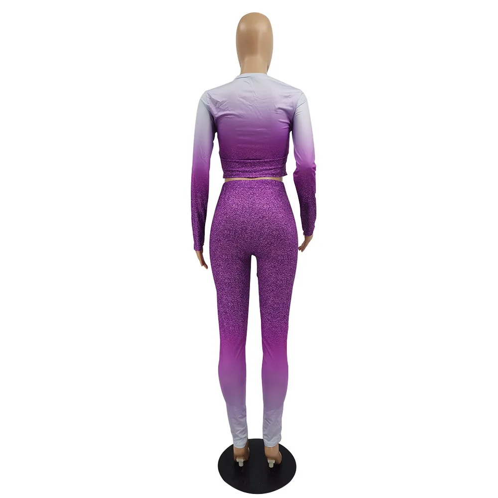 

Women Sporty 2 Piece Sweatsuits Causal Gradient Color Long Sleeve Crop Top+bodycon Long Legging Activewear Autumn Party Outfits