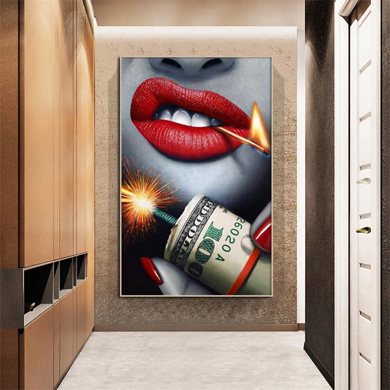 

Sexy Red Lips Gun Money Dollars Cash Bill Canvas Painting Wall Art Picture Modern Posters and Prints for Living Room Home Decor