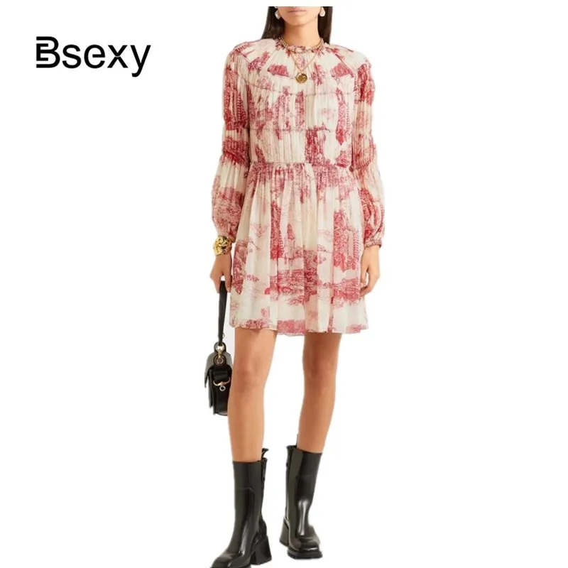 Подиумное женское платье 2019 осень винтажные Чернила Печатный длинный рукав