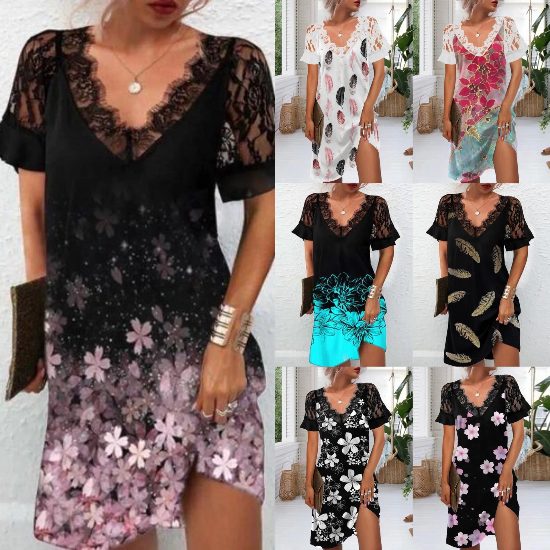 

Donsignet Fashion Women's Dress Summer Casual Hot Sale V-neck Hedging Printed Lace Lace Stitching Sexy Slim Short-sleeved Dress
