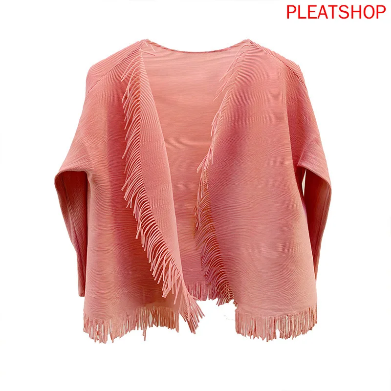 

MIYAKE Pleated Tassel Small Coat Early Autumn New All-match Commuter round Neck Solid Color Coat Long-Sleeved Cardigan Women