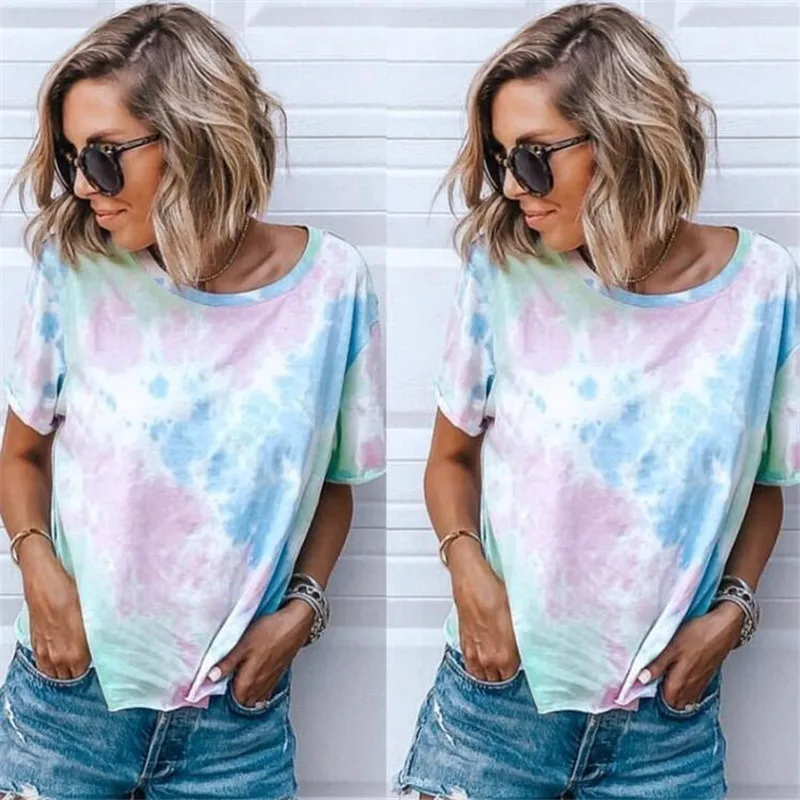 

Fashion Summer Office T-shirt Women Tie-dye Round Neck Short Sleeve T-shirt Top 2020 Newest Fashion Womens Elegant Top T-shirts