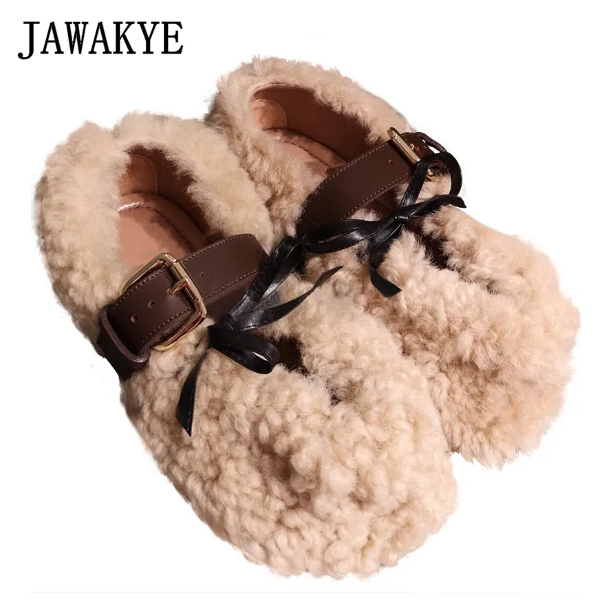 JAWAKYE новая зимняя одежда из шерсти на плоской подошве с мехом; туфли с ремешком на лодыжке, женские Балетки с круглым носком; туфли на плоской подошве, платформа, вьющиеся мех ягненка; лоферы; обувь; zapatos mujer