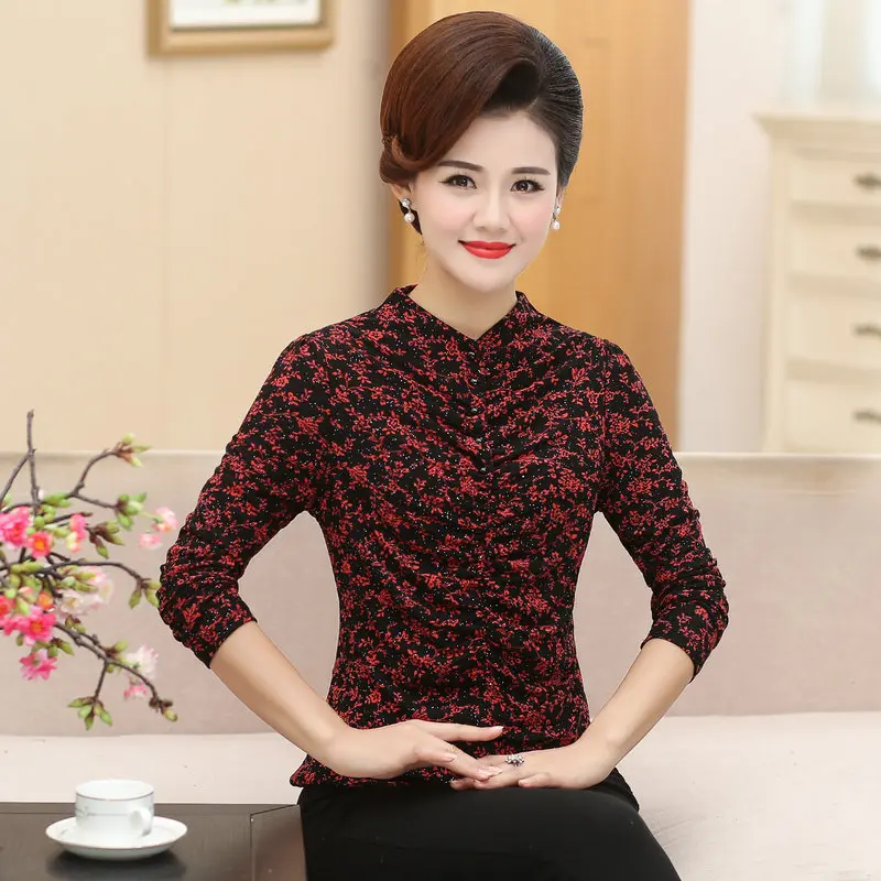 

Women Floral Blouses Red Black Yellow Small Flower Printing Drape Design Long Sleeve Spring Autumn Top Female Blouse Clothes New