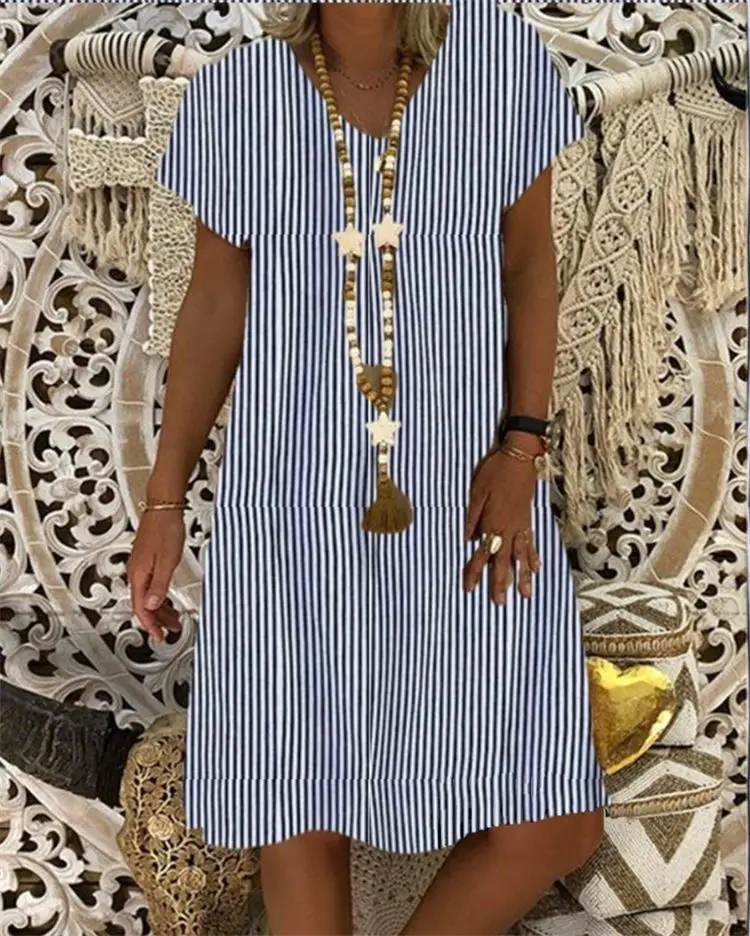 Большой Размеры женские платья в полоску с короткими рукавами и v образным