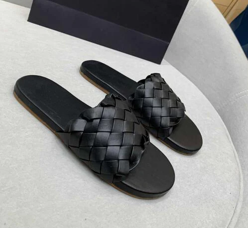 

BONJEAN Fashion Leather Woven Flat Shoes Sexy Open Toe Summer Slippers Comfortable Luxury Brand Slides Black Brown White