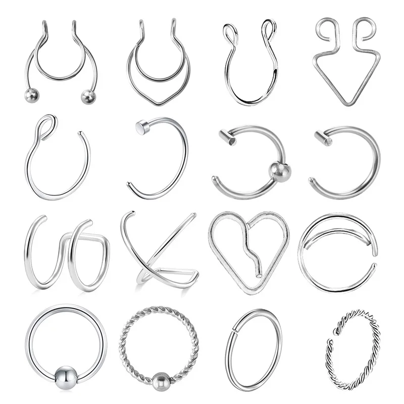 

16pcs Fake Nose Ring Hoop Septum Smiley Real Piercing Clip Earring Cartilage Helix Stainless Steel Lip Ear Circular Body Jewelry