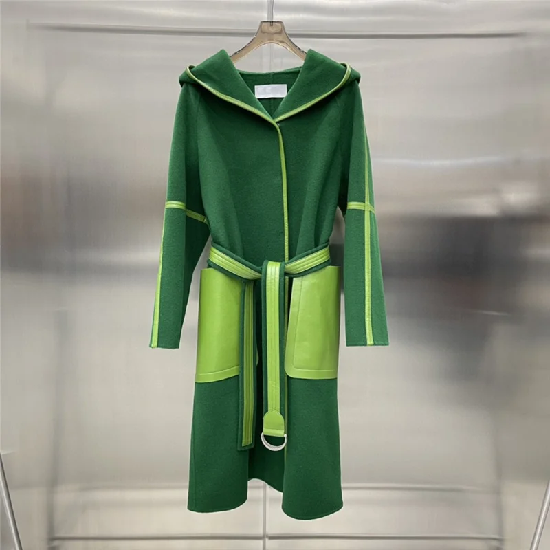 

Brand autumn winter double-sided cashmere coat patchwork sheepskin pocket Sashes Windbreaker Women's Long Woolen Coat Casual