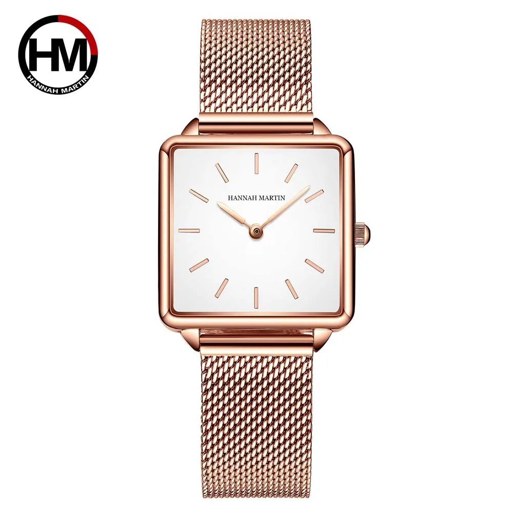

TOP Brand Hannah Martin Square Classic Women Watch with Elegant 30m Waterproof Mesh Band Watch Wife Gift