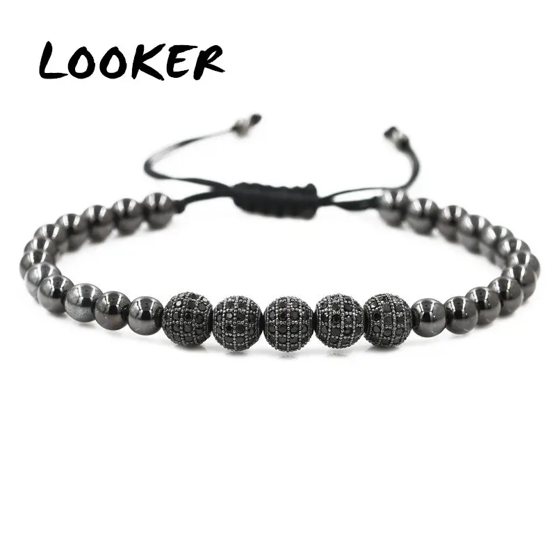 Мужские браслеты LOOKER плетеные макраме черные 8 мм CZ шариковый соединитель
