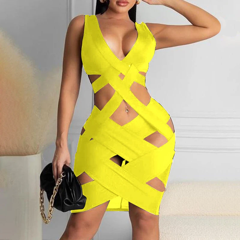 

Women Elegant Slim Fit Mini Casual Dress V-Neck Hollow Out Bodycon Party Club Dress