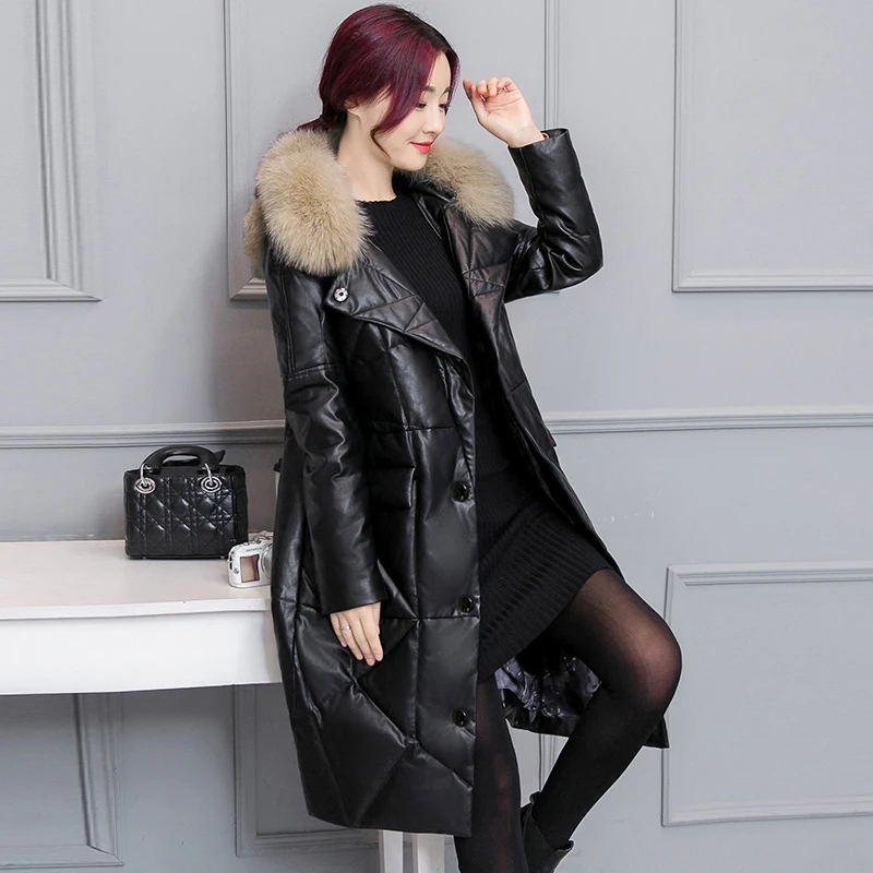 Women Winter Black Leather Jacket PU Parkas New Ladies Fur Collar Hooded Camel-Padded Long Coat Female Outerwear Warm Clothing