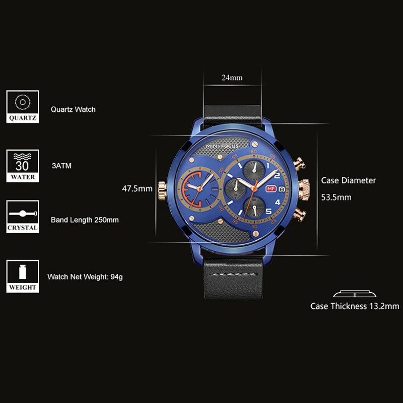 Мини фокус несколько часовых поясов кварцевые часы мужские кожаные повседневные