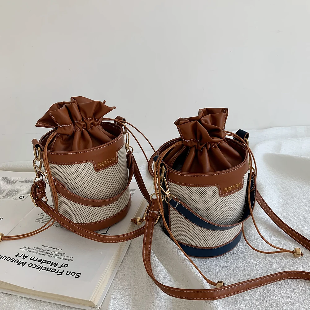 

Women's Bag Trend Vintage Patchwork Cylinder Shoulder Bag Mini Drawstring Crossbody Bags Female Casual PU Leather Handbags