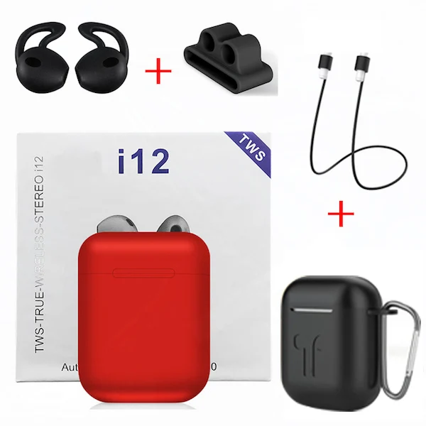 Red - Black Cases I12 Наушники Беспроводные Bluetooth 5,0 Спортивные Беспроводные наушники с аксессуары для наушников кожаный чехол для i9s i10 i7s i200 TWS - Цвет: Red - Black Cases