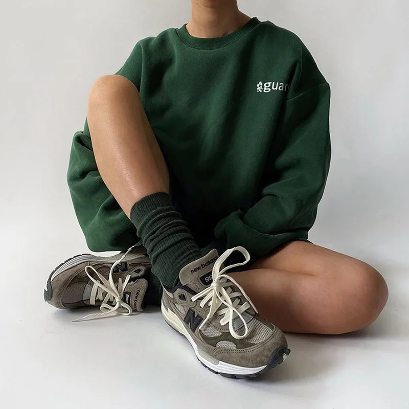 

Green Vintage Chic Letter Embroidered Oversized Sweatshirt Women Warm Winter Tops New Casual Teen Girls Loose New Streetwear