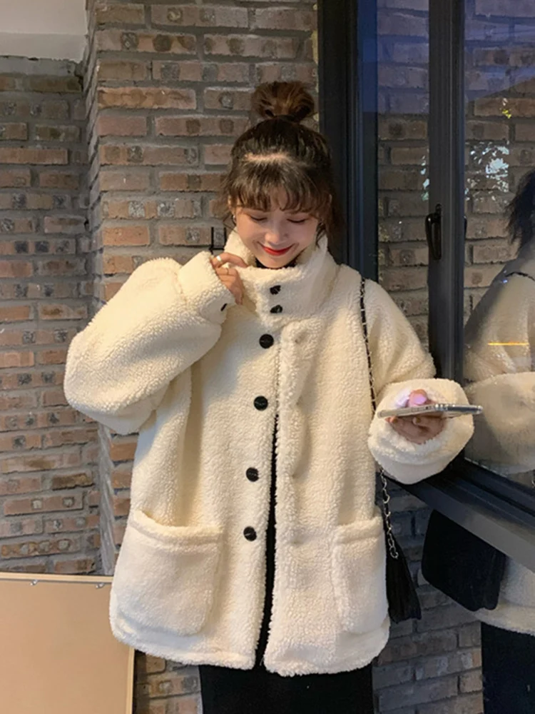 Lambs coat women's new single row black button Mock Neck granular sweater warm woolen in autumn and winter 2019 women | Женская