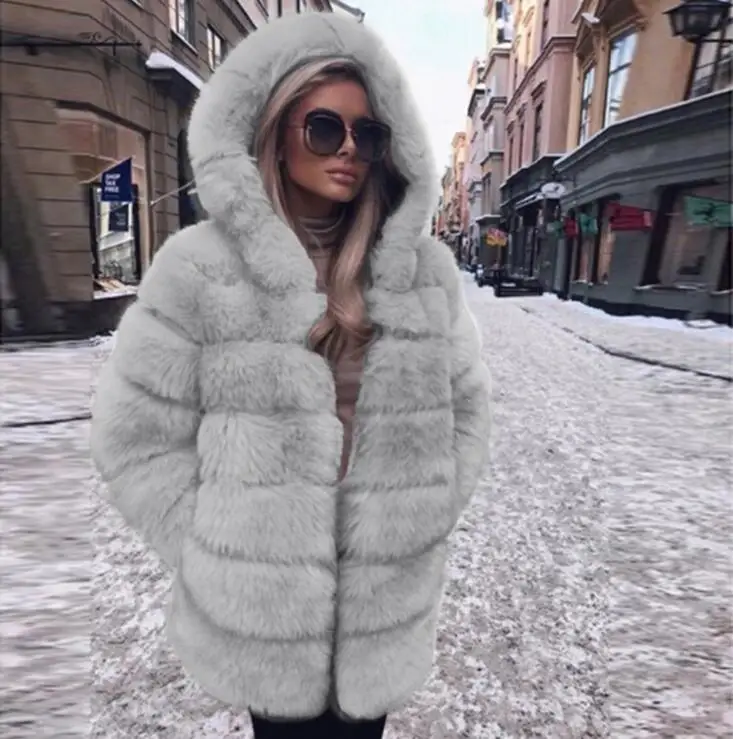 light gray color Женское зимнее пальто из искусственного меха, удобная куртка с открытым передом и капюшоном, плотная однотонная теплая верхняя одежда с длинным рукавом, пальто размера плюс - Цвет: light gray color