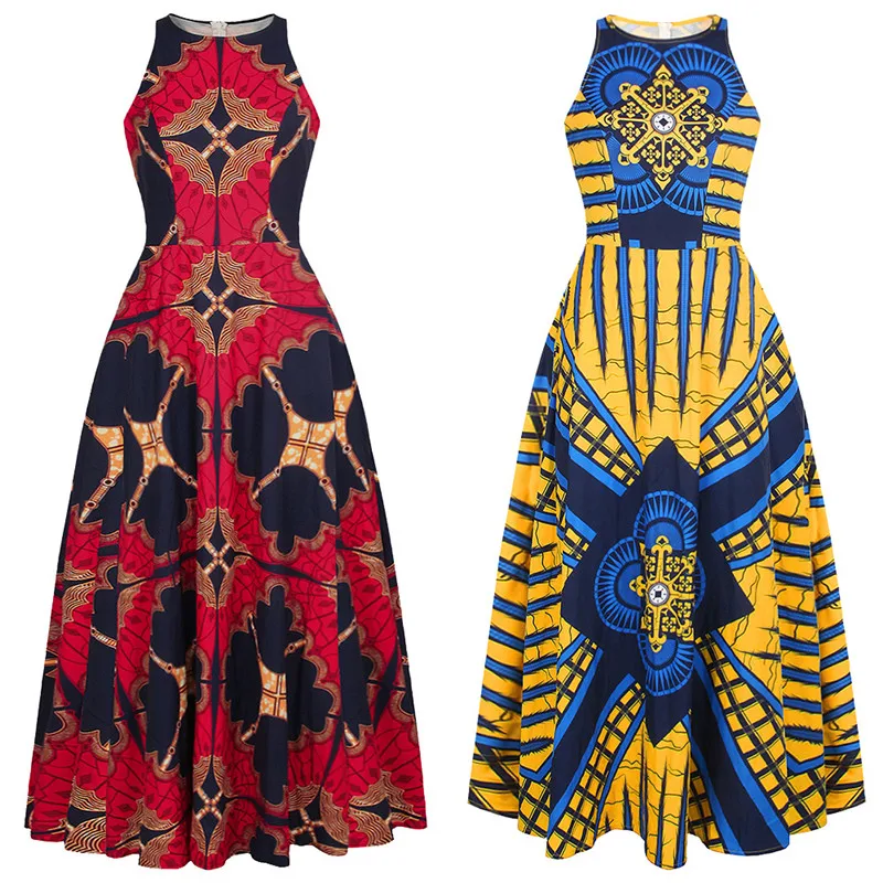 

2020 Fashion Ladies African Clothes Round Neck Dress Sleeveless Plus Size African Dresses for Women Robe Africaine