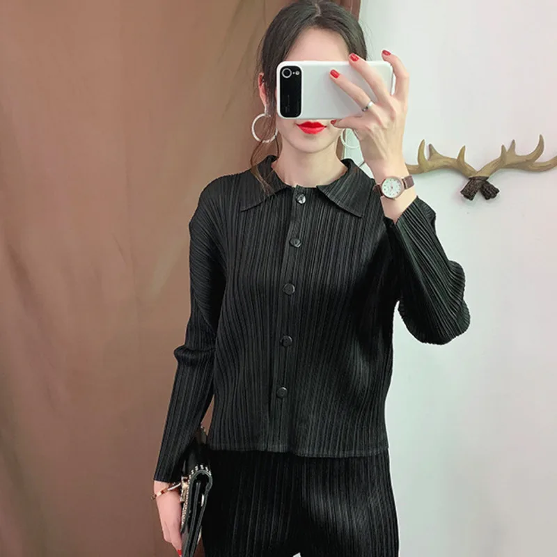 LANMREM черное Плиссированное Свободное пальто с отворотом и длинным рукавом