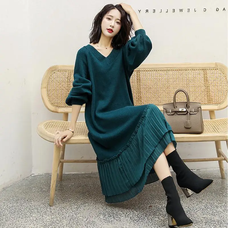 

Knitted Dress Women's Autumn Winter New Long-Sleeve Temperament V-Neck Loose Mid-length Slim Stitching Pullover Sweater Dresses