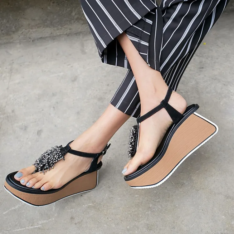

Dilalula Beach Sandals Women Strange High Heels Platform Thong Flip Flops Sandals Ladies Shoes String Beads Kid Suede Party Date