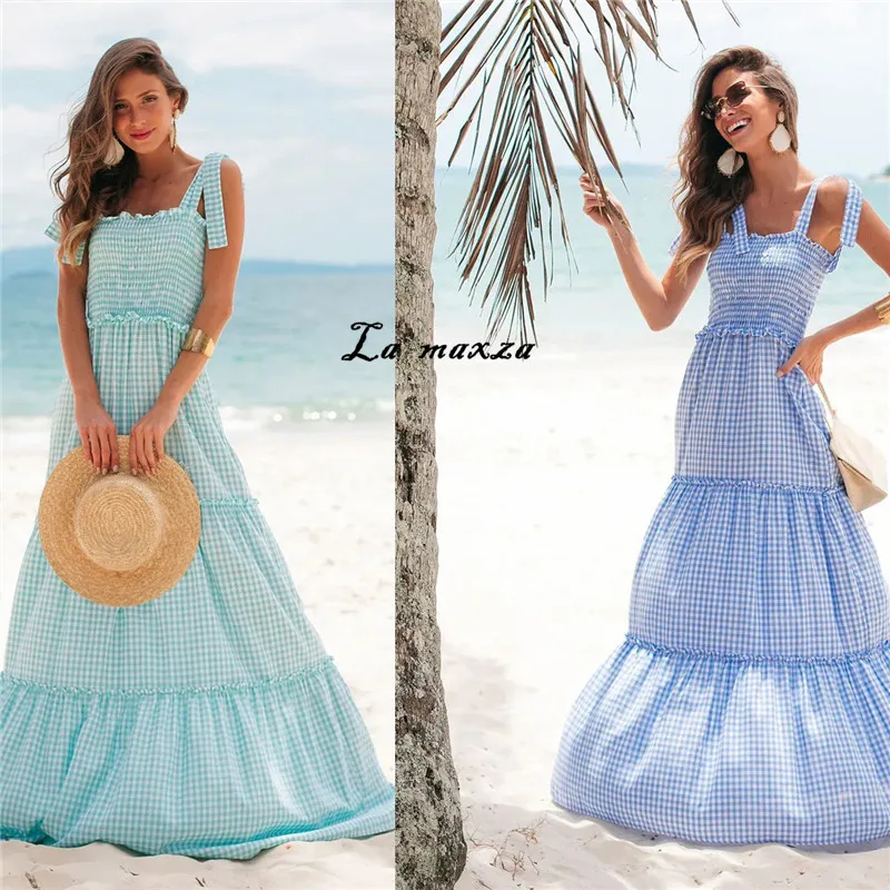 

Sexy Bohemian Plaid Maxi Dresses for Women Summer 2021 Elegant Women Dress Plus Size